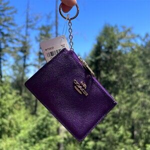 COACH Crossgrain Leather Purple Mini Skinny ID Case Keychain Wallet Gold Hardwre